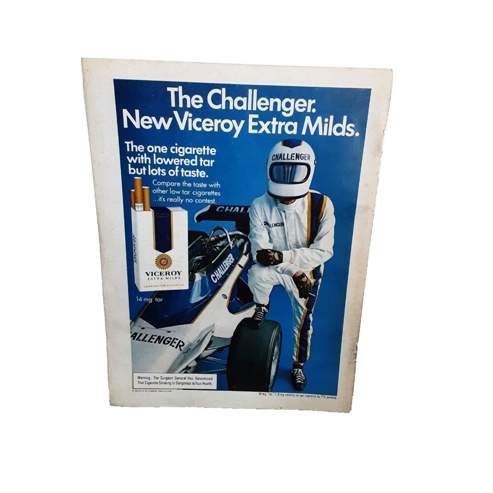 1974 Viceroy Extra Mild Cigarettes Challenger Race Car Original Print Ad 70s
